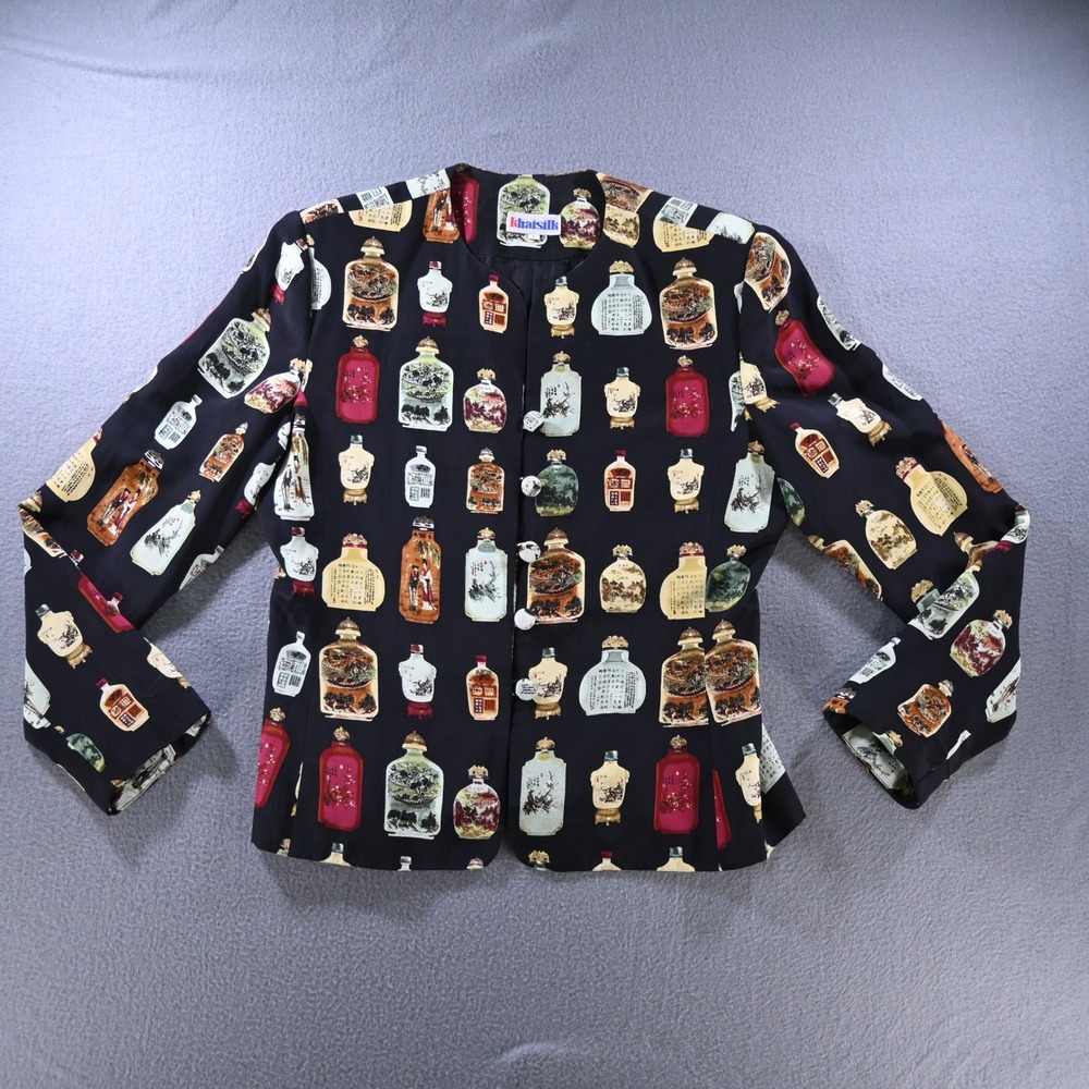 Khaisilk Womens Vintage Snuff Bottle Print Silk Blazer Jacket Size L Black Multi